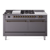 ILVE Nostalgie II 60-Inch Propane Gas Dual Fuel Range with 7 Burners, Griddle, & French Top with Solid Door Oven in Matte Graphite with Bronze Trim (UP60FSQNMPMGBLP)