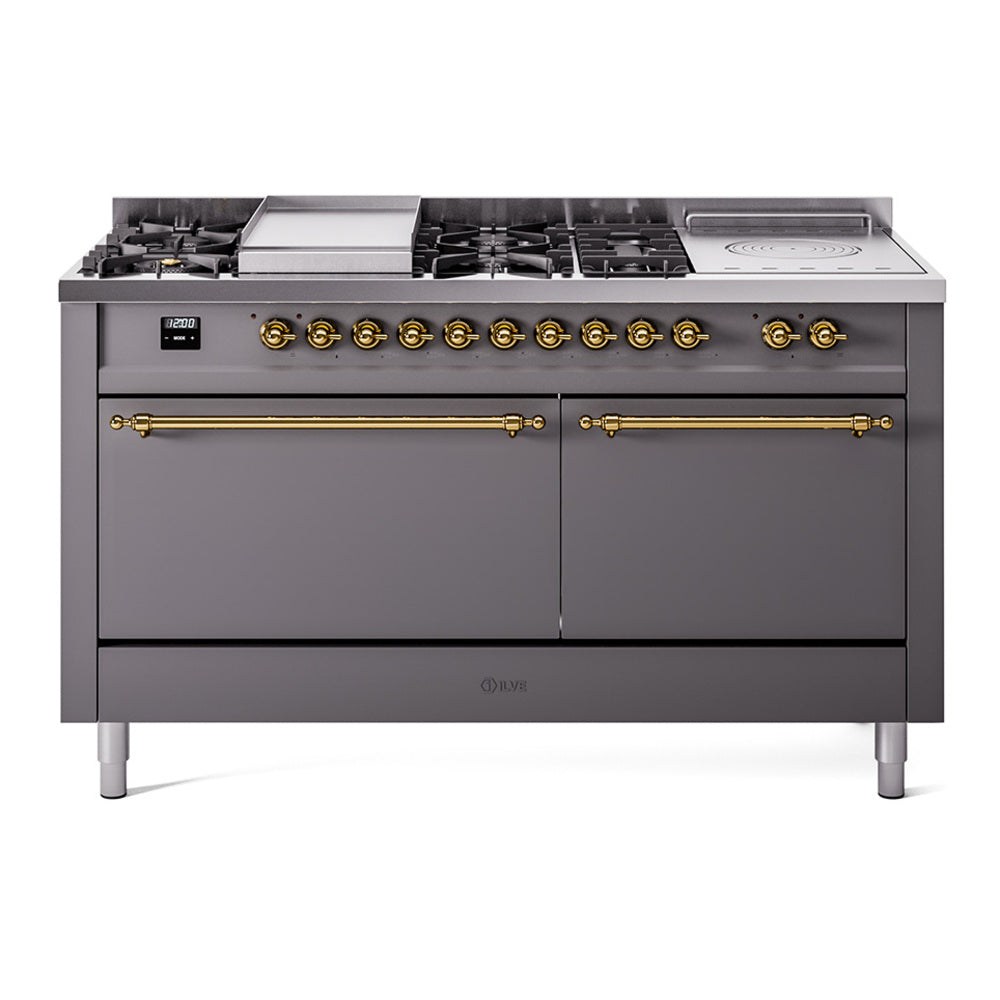 ILVE Nostalgie II 60-Inch Propane Gas Dual Fuel Range with 7 Burners, Griddle, & French Top with Solid Door Oven in Matte Graphite with Brass Trim (UP60FSQNMPMGGLP)