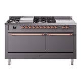 ILVE Nostalgie II 60-Inch Propane Gas Dual Fuel Range with 7 Burners, Griddle, & French Top with Solid Door Oven in Matte Graphite with Copper Trim (UP60FSQNMPMGPLP)