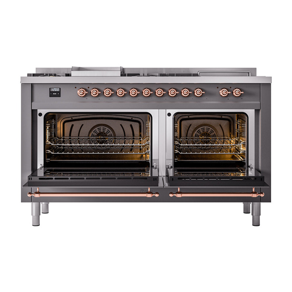 ILVE Nostalgie II 60-Inch Propane Gas Dual Fuel Range with 7 Burners, Griddle, & French Top with Solid Door Oven in Matte Graphite with Copper Trim (UP60FSQNMPMGPLP)