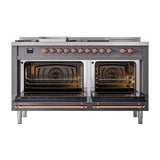 ILVE Nostalgie II 60-Inch Propane Gas Dual Fuel Range with 7 Burners, Griddle, & French Top with Solid Door Oven in Matte Graphite with Copper Trim (UP60FSQNMPMGPLP)
