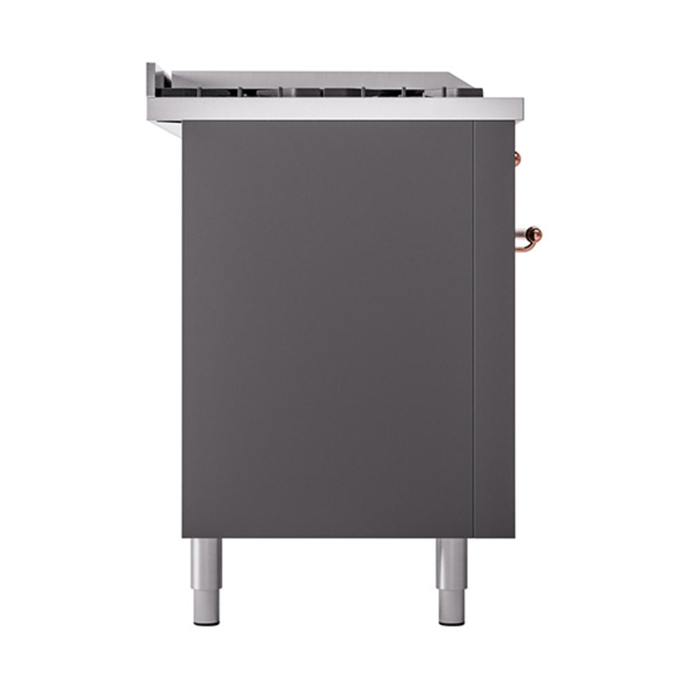 ILVE Nostalgie II 60-Inch Propane Gas Dual Fuel Range with 7 Burners, Griddle, & French Top with Solid Door Oven in Matte Graphite with Copper Trim (UP60FSQNMPMGPLP)