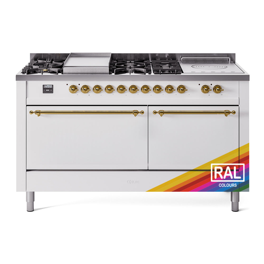 ILVE Nostalgie II 60-Inch Propane Gas Dual Fuel Range with 7 Burners, Griddle, & French Top with Solid Door Oven in RAL with Brass Trim (UP60FSQNMPRAGLP)