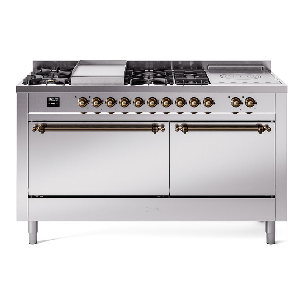 ILVE Nostalgie II 60-Inch Propane Gas Dual Fuel Range with 7 Burners, Griddle, & French Top with Solid Door Oven in Stainless Steel with Bronze Trim (UP60FSQNMPSSBLP)