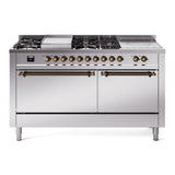 ILVE Nostalgie II 60-Inch Propane Gas Dual Fuel Range with 7 Burners, Griddle, & French Top with Solid Door Oven in Stainless Steel with Bronze Trim (UP60FSQNMPSSBLP)