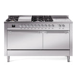 ILVE Nostalgie II 60-Inch Propane Gas Dual Fuel Range with 7 Burners, Griddle, & French Top with Solid Door Oven in Stainless Steel with Chrome Trim (UP60FSQNMPSSCLP)