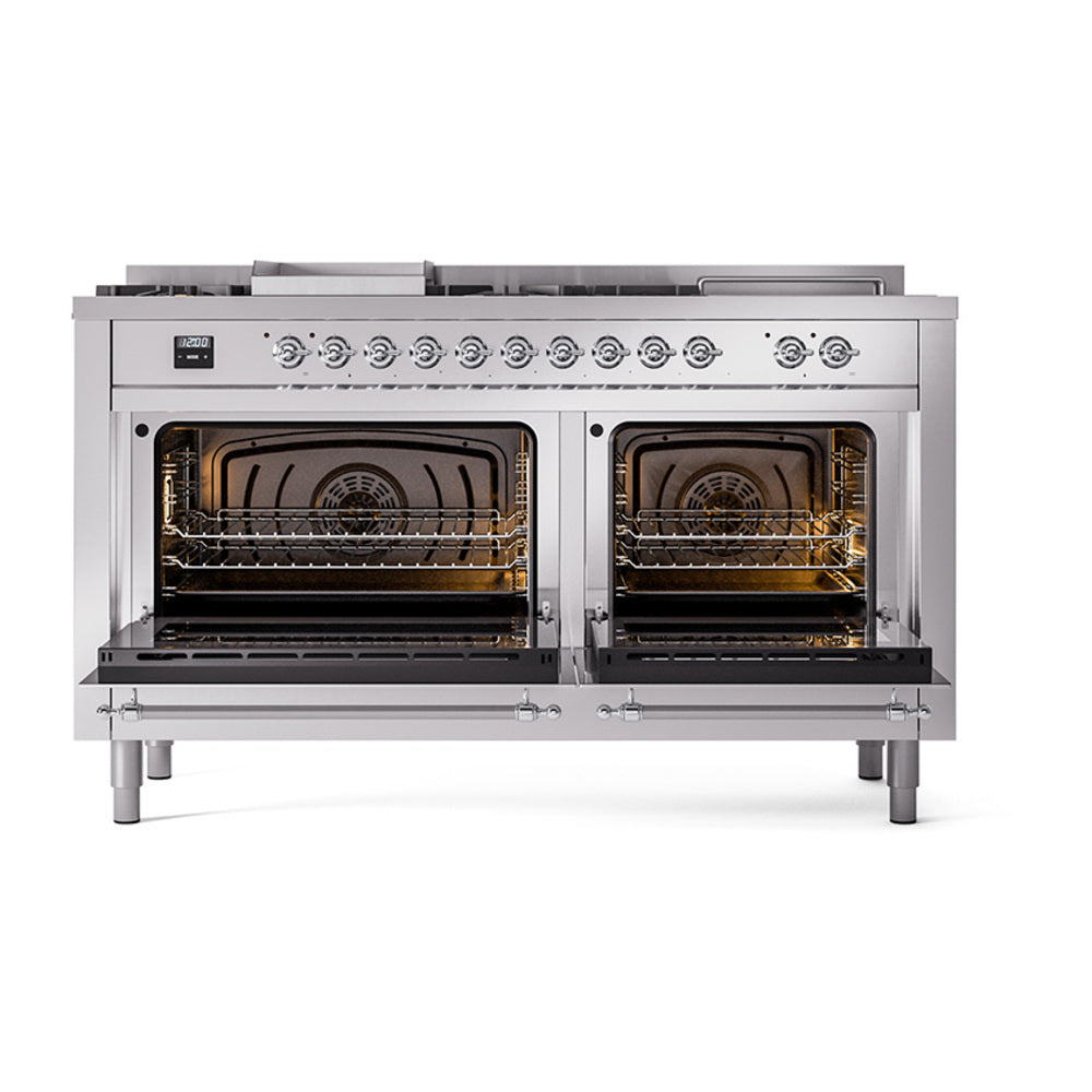 ILVE Nostalgie II 60-Inch Propane Gas Dual Fuel Range with 7 Burners, Griddle, & French Top with Solid Door Oven in Stainless Steel with Chrome Trim (UP60FSQNMPSSCLP)