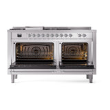 ILVE Nostalgie II 60-Inch Natural Gas Dual Fuel Range with 7 Burners, Griddle, & French Top with Solid Door Oven in Stainless Steel with Chrome Trim (UP60FSQNMPSSC)