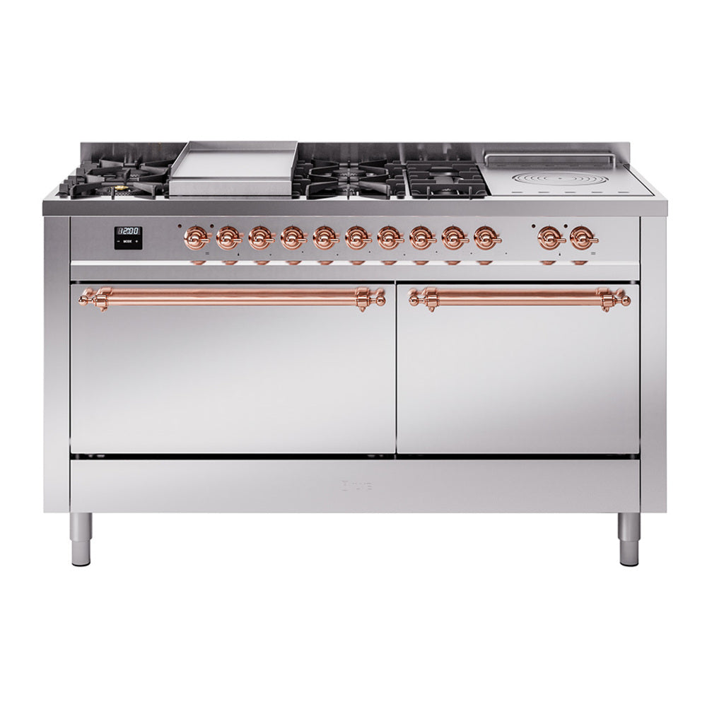 ILVE Nostalgie II 60-Inch Propane Gas Dual Fuel Range with 7 Burners, Griddle, & French Top with Solid Door Oven in Stainless Steel with Copper Trim (UP60FSQNMPSSPLP)