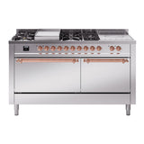 ILVE Nostalgie II 60-Inch Propane Gas Dual Fuel Range with 7 Burners, Griddle, & French Top with Solid Door Oven in Stainless Steel with Copper Trim (UP60FSQNMPSSPLP)