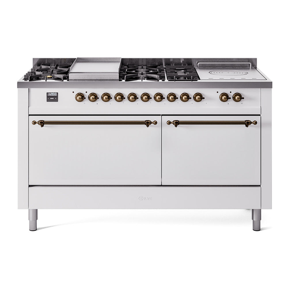 ILVE Nostalgie II 60-Inch Propane Gas Dual Fuel Range with 7 Burners, Griddle, & French Top with Solid Door Oven in White with Bronze Trim (UP60FSQNMPWHBLP)