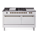 ILVE Nostalgie II 60-Inch Propane Gas Dual Fuel Range with 7 Burners, Griddle, & French Top with Solid Door Oven in White with Bronze Trim (UP60FSQNMPWHBLP)
