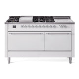 ILVE Nostalgie II 60-Inch Propane Gas Dual Fuel Range with 7 Burners, Griddle, & French Top with Solid Door Oven in White with Chrome Trim (UP60FSQNMPWHCLP)