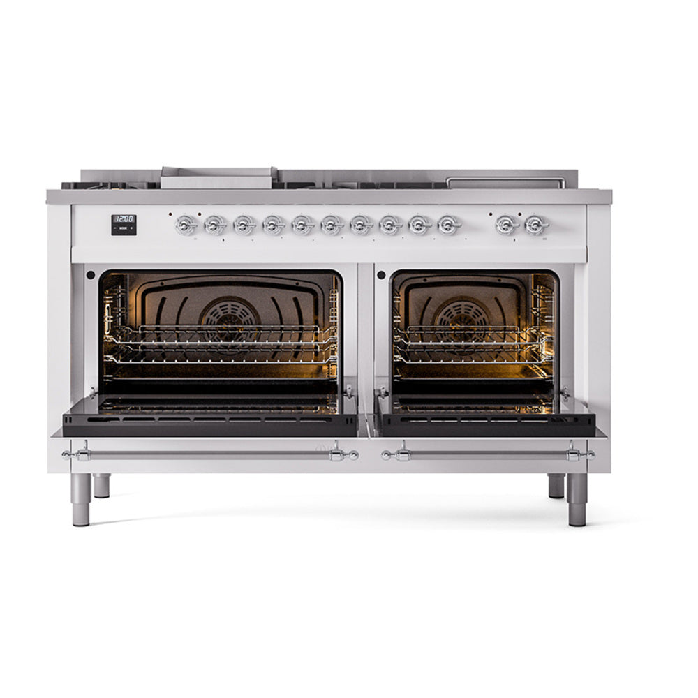 ILVE Nostalgie II 60-Inch Propane Gas Dual Fuel Range with 7 Burners, Griddle, & French Top with Solid Door Oven in White with Chrome Trim (UP60FSQNMPWHCLP)