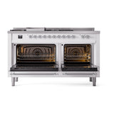 ILVE Nostalgie II 60-Inch Propane Gas Dual Fuel Range with 7 Burners, Griddle, & French Top with Solid Door Oven in White with Chrome Trim (UP60FSQNMPWHCLP)