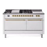 ILVE Nostalgie II 60-Inch Propane Gas Dual Fuel Range with 7 Burners, Griddle, & French Top with Solid Door Oven in White with Brass Trim (UP60FSQNMPWHGLP)