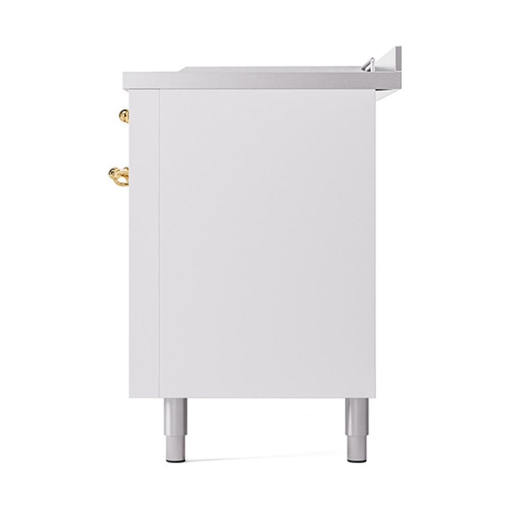 ILVE Nostalgie II 60-Inch Propane Gas Dual Fuel Range with 7 Burners, Griddle, & French Top with Solid Door Oven in White with Brass Trim (UP60FSQNMPWHGLP)