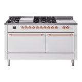 ILVE Nostalgie II 60-Inch Propane Gas Dual Fuel Range with 7 Burners, Griddle, & French Top with Solid Door Oven in White with Copper Trim (UP60FSQNMPWHPLP)