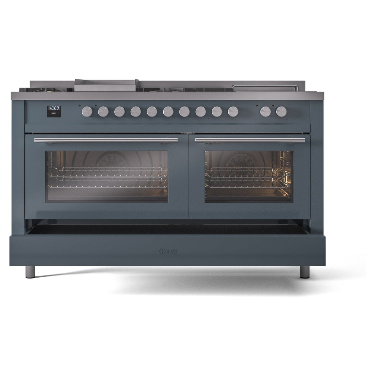 ILVE Professional Plus II 60-Inch Propane Gas Dual Fuel Range with 7 Burners, Griddle, & French Top with Triple Glass Door Oven in Blue Grey (UP60FSWMPBGLP)