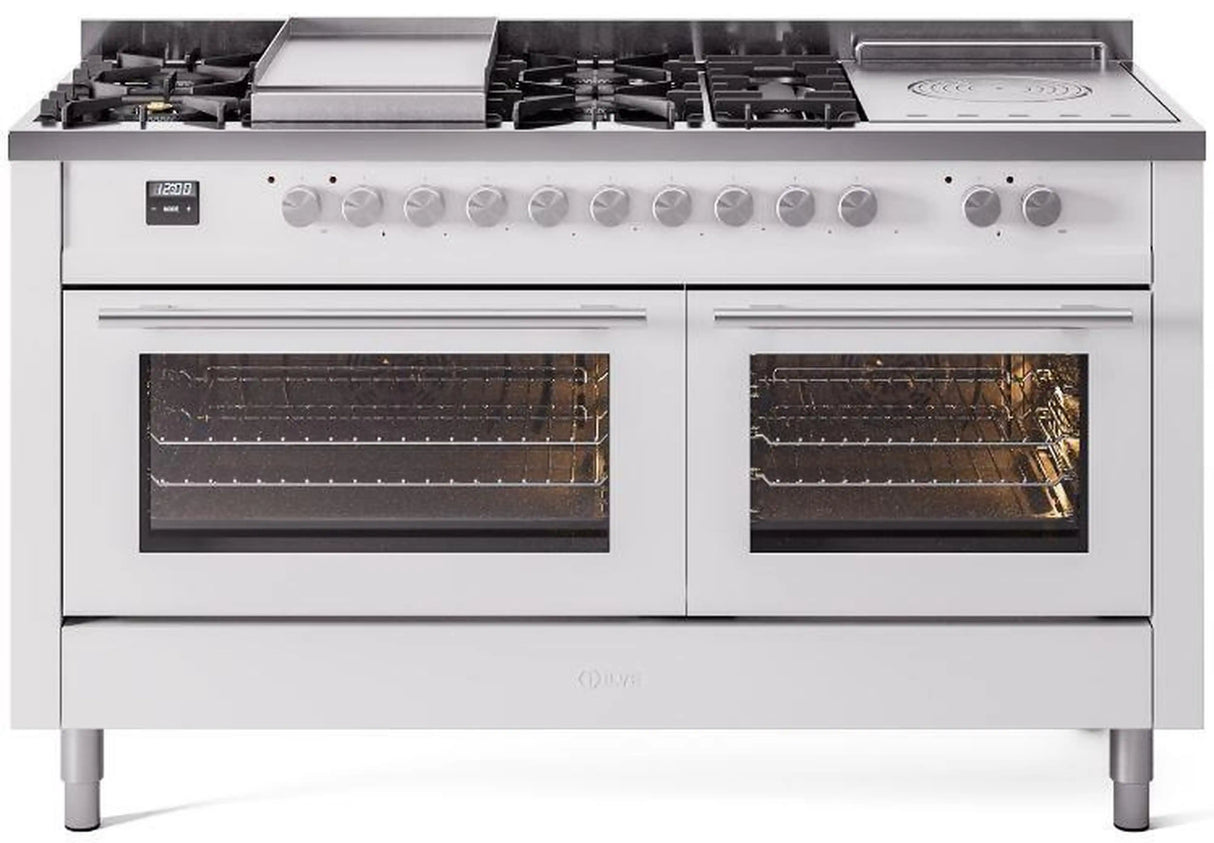 ILVE Professional Plus II 60-Inch Natural Gas Dual Fuel Range with 7 Burners, Griddle, & French Top with Triple Glass Door Oven in White (UP60FSWMPWH)