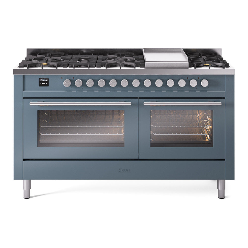 ILVE 60-inch Professional Plus II Natural Gas Dual Fuel Range with 9 Burners, Griddle, and Triple Glass Door Oven in Blue Grey (UP60FWMPBG)