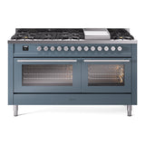 ILVE 60-inch Professional Plus II Natural Gas Dual Fuel Range with 9 Burners, Griddle, and Triple Glass Door Oven in Blue Grey (UP60FWMPBG)