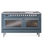 ILVE 60-inch Professional Plus II Propane Gas Dual Fuel Range with 9 Burners, Griddle, and Triple Glass Door Oven in Blue Grey (UP60FWMPBGLP)