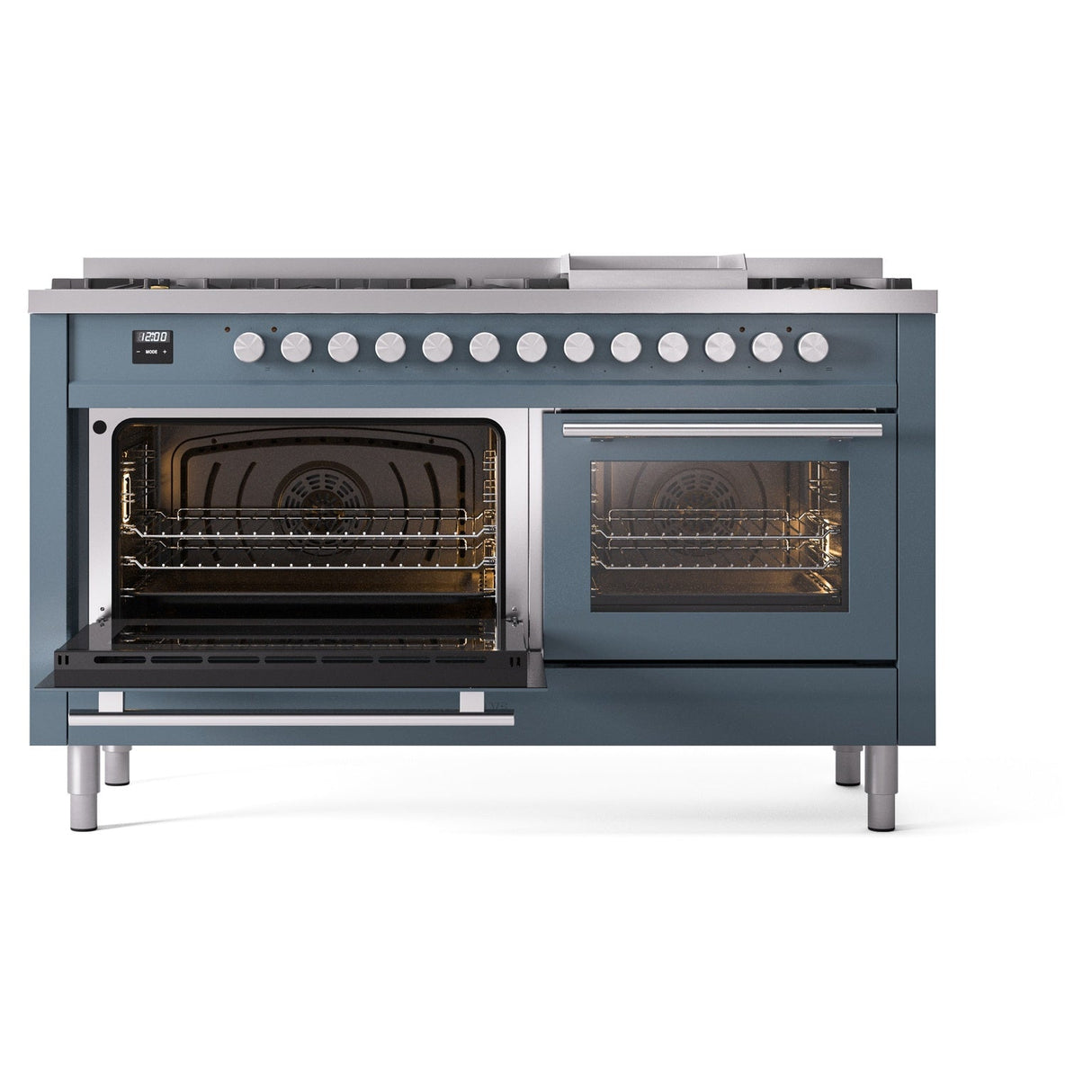 ILVE 60-inch Professional Plus II Propane Gas Dual Fuel Range with 9 Burners, Griddle, and Triple Glass Door Oven in Blue Grey (UP60FWMPBGLP)