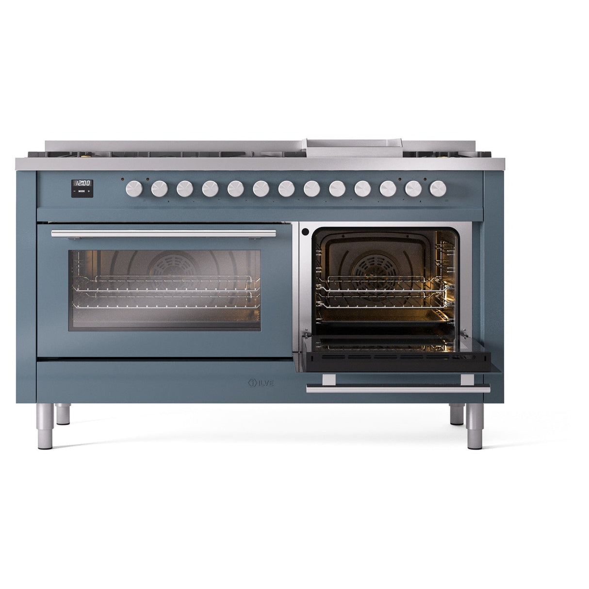 ILVE 60-inch Professional Plus II Natural Gas Dual Fuel Range with 9 Burners, Griddle, and Triple Glass Door Oven in Blue Grey (UP60FWMPBG)