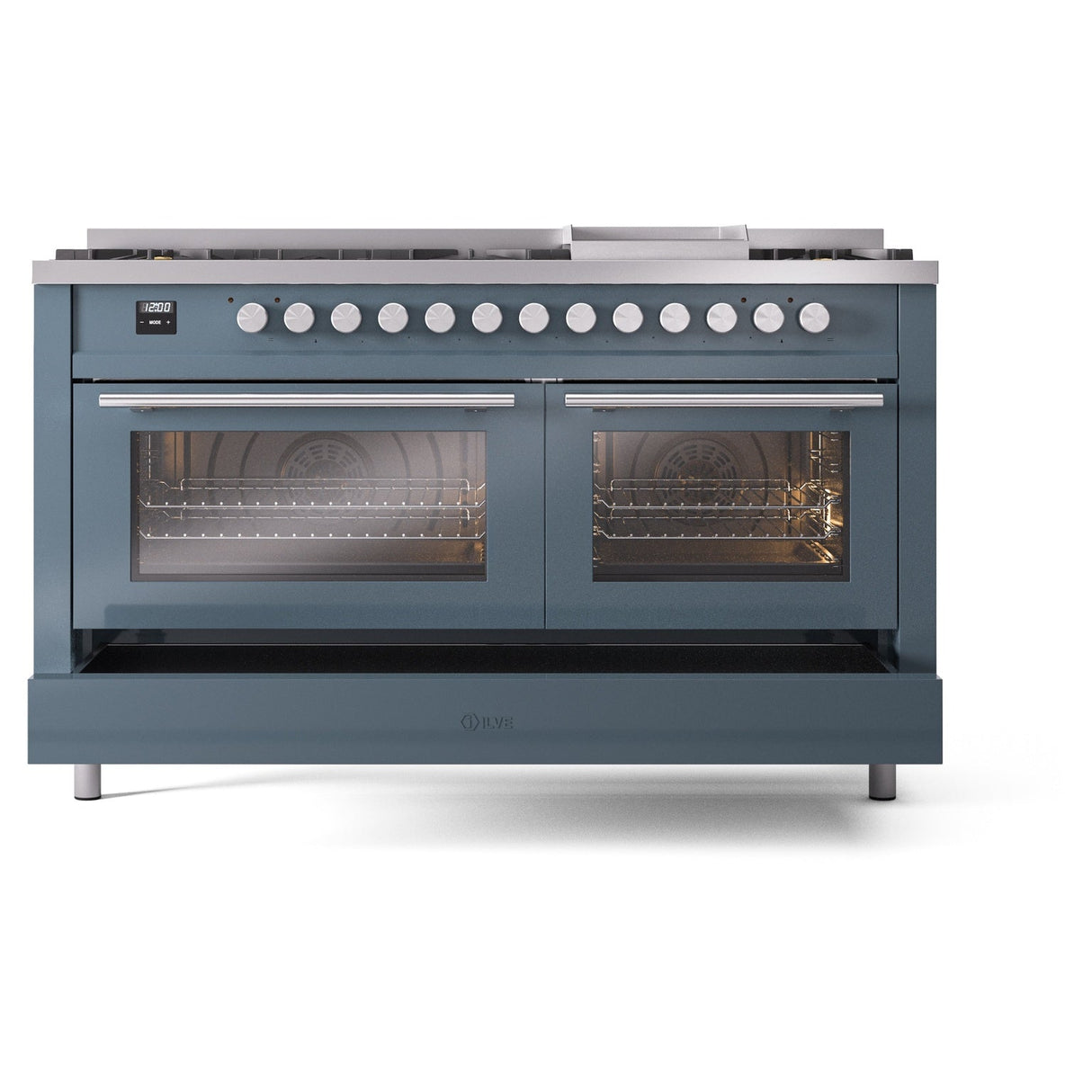 ILVE 60-inch Professional Plus II Natural Gas Dual Fuel Range with 9 Burners, Griddle, and Triple Glass Door Oven in Blue Grey (UP60FWMPBG)