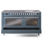 ILVE 60-inch Professional Plus II Natural Gas Dual Fuel Range with 9 Burners, Griddle, and Triple Glass Door Oven in Blue Grey (UP60FWMPBG)