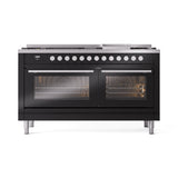 ILVE 60-inch Professional Plus II Natural Gas Dual Fuel Range with 9 Burners, Griddle, and Triple Glass Door Oven in Glossy Black (UP60FWMPBK)