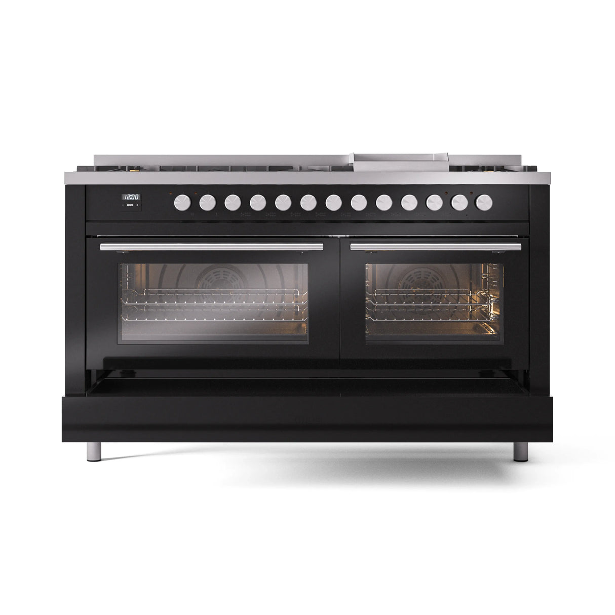 ILVE 60-inch Professional Plus II Natural Gas Dual Fuel Range with 9 Burners, Griddle, and Triple Glass Door Oven in Glossy Black (UP60FWMPBK)