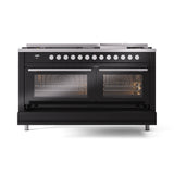 ILVE 60-inch Professional Plus II Natural Gas Dual Fuel Range with 9 Burners, Griddle, and Triple Glass Door Oven in Glossy Black (UP60FWMPBK)