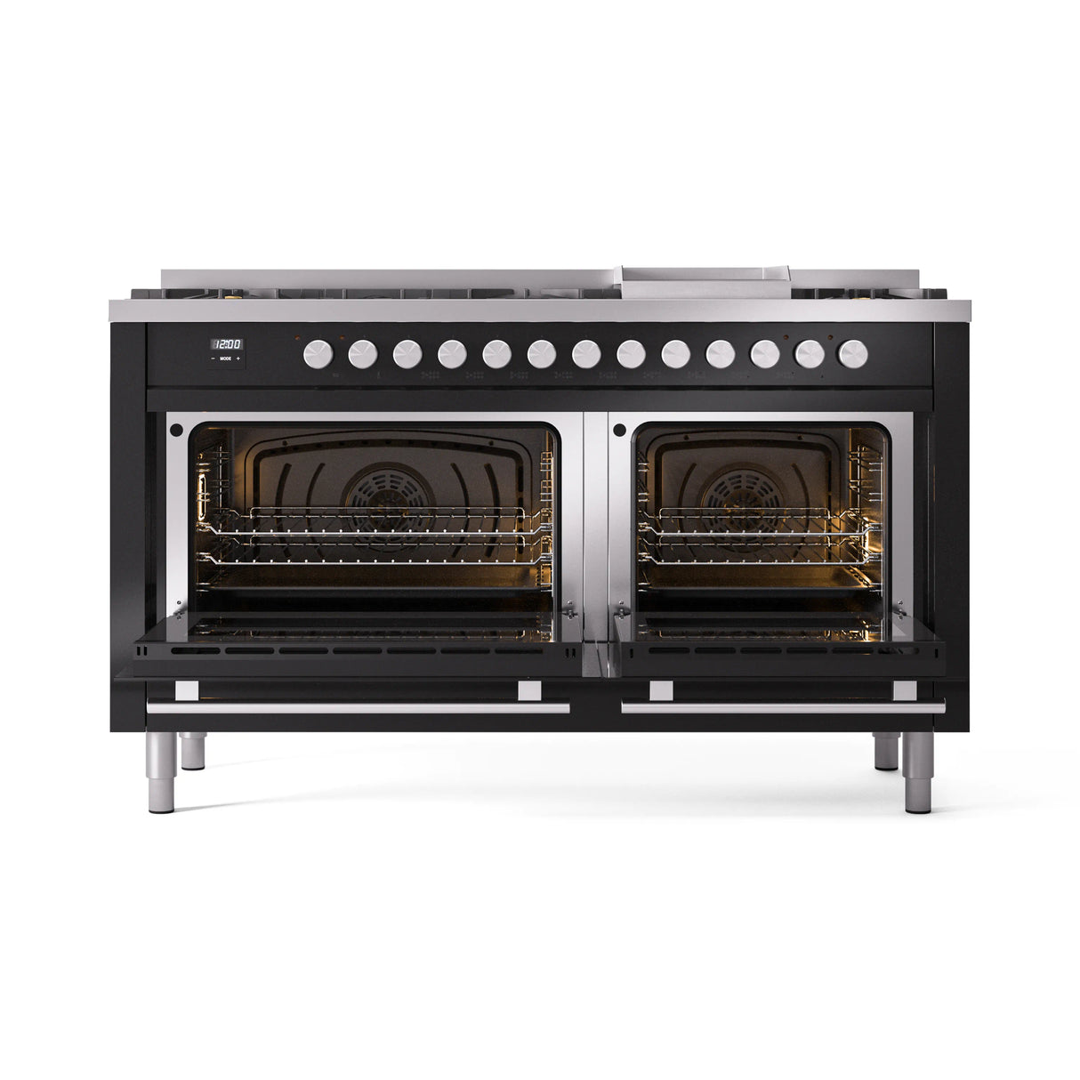 ILVE 60-inch Professional Plus II Natural Gas Dual Fuel Range with 9 Burners, Griddle, and Triple Glass Door Oven in Glossy Black (UP60FWMPBK)