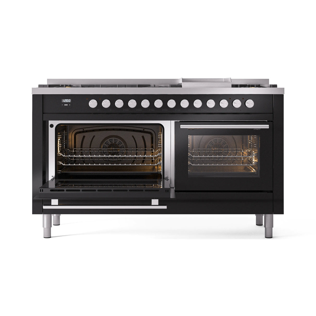 ILVE 60-inch Professional Plus II Propane Gas Dual Fuel Range with 9 Burners, Griddle, and Triple Glass Door Oven in Glossy Black (UP60FWMPBKLP)