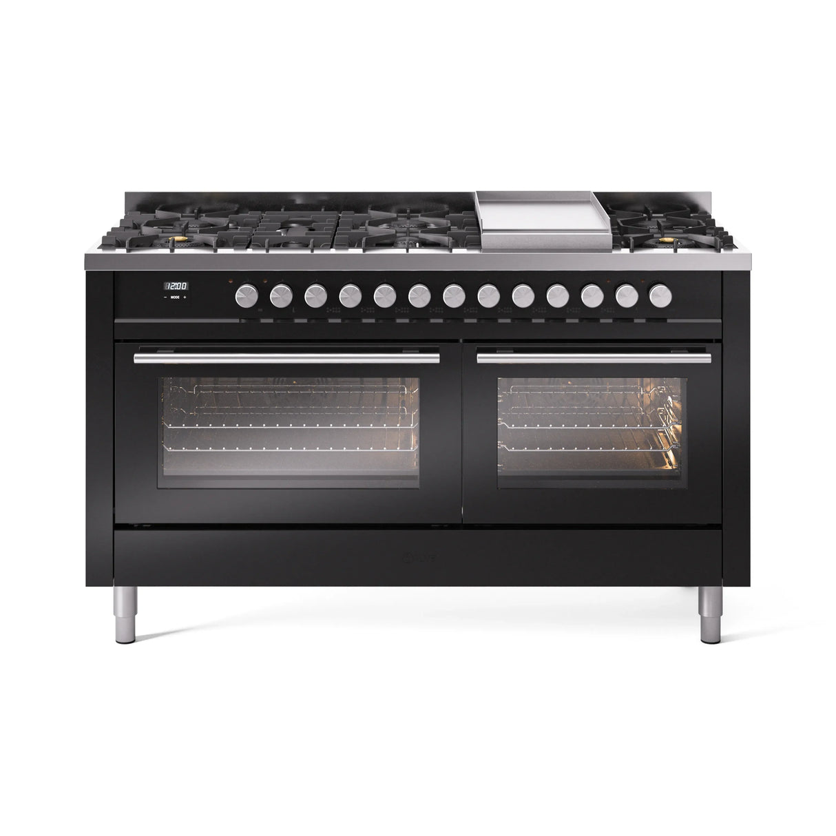 ILVE 60-inch Professional Plus II Propane Gas Dual Fuel Range with 9 Burners, Griddle, and Triple Glass Door Oven in Glossy Black (UP60FWMPBKLP)
