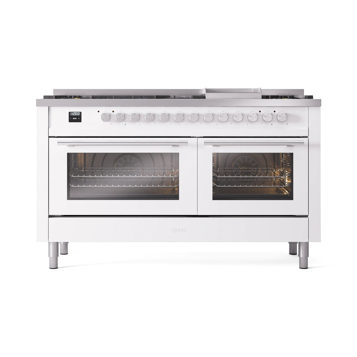 ILVE 60-inch Professional Plus II Natural Gas Dual Fuel Range with 9 Burners, Griddle, and Triple Glass Door Oven in White (UP60FWMPWH)