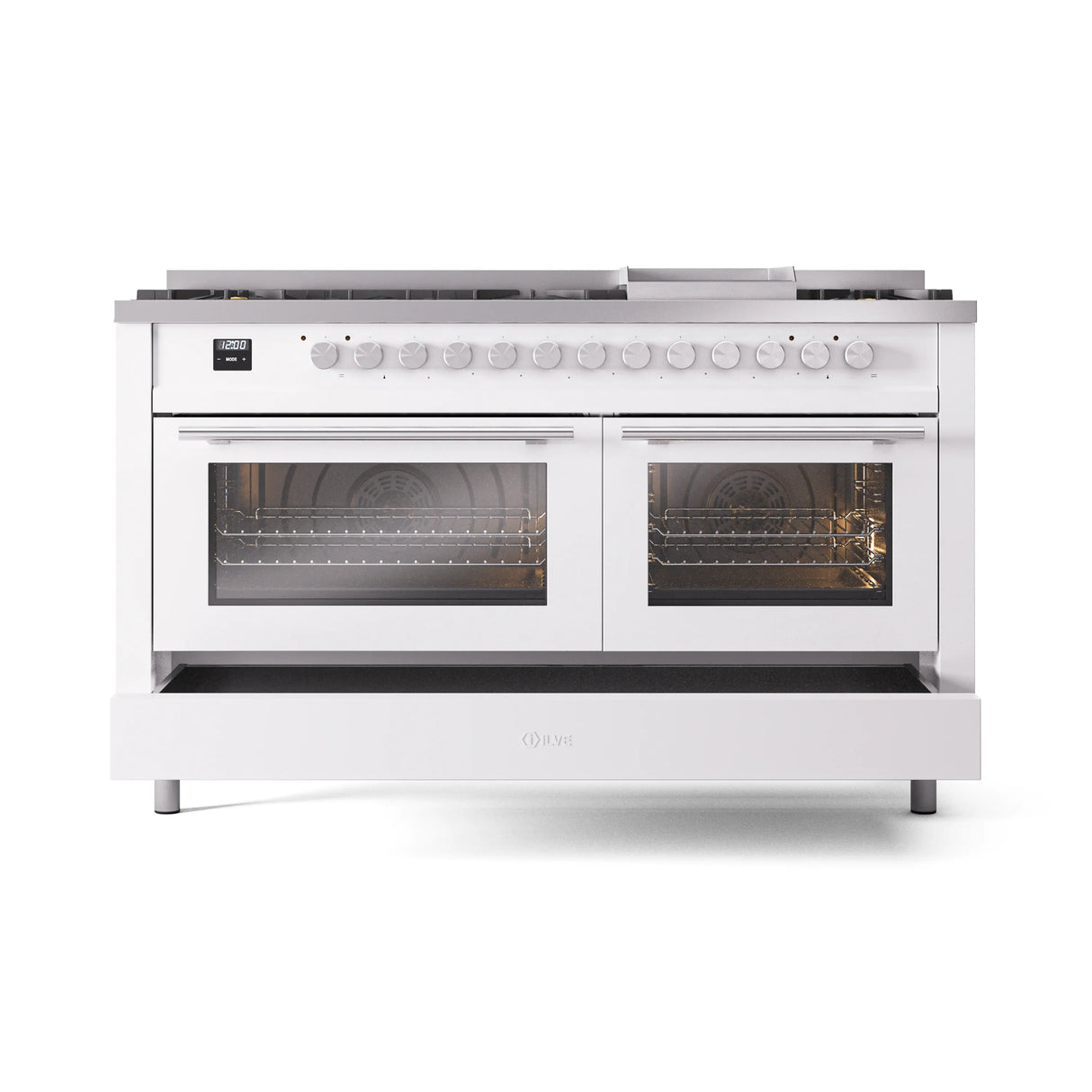 ILVE 60-inch Professional Plus II Natural Gas Dual Fuel Range with 9 Burners, Griddle, and Triple Glass Door Oven in White (UP60FWMPWH)
