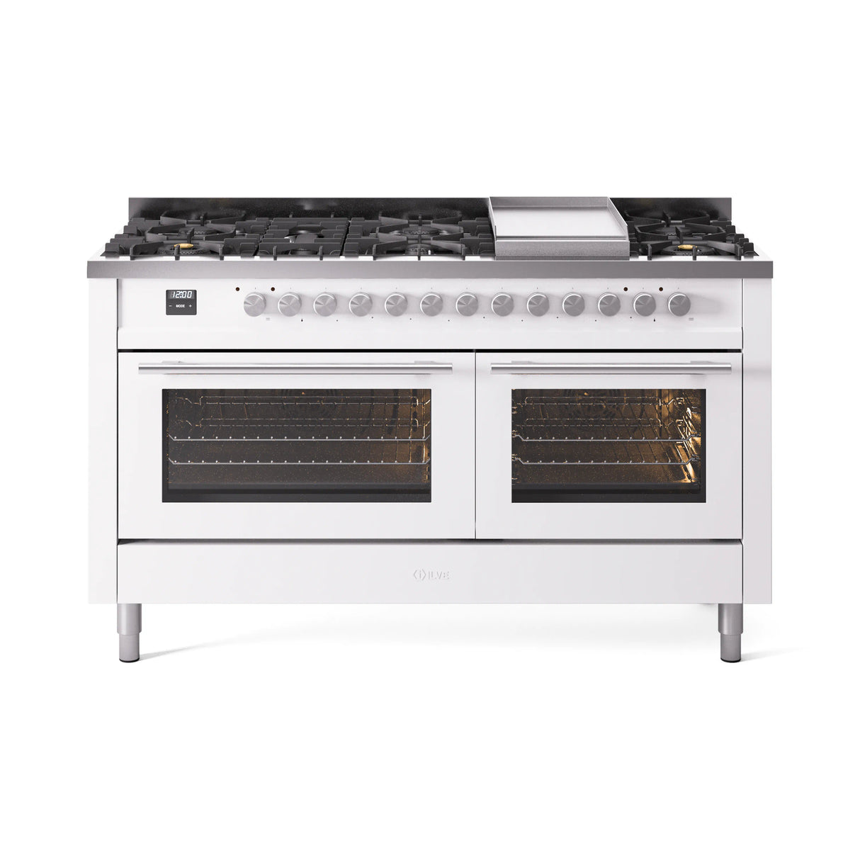 ILVE 60-inch Professional Plus II Natural Gas Dual Fuel Range with 9 Burners, Griddle, and Triple Glass Door Oven in White (UP60FWMPWH)