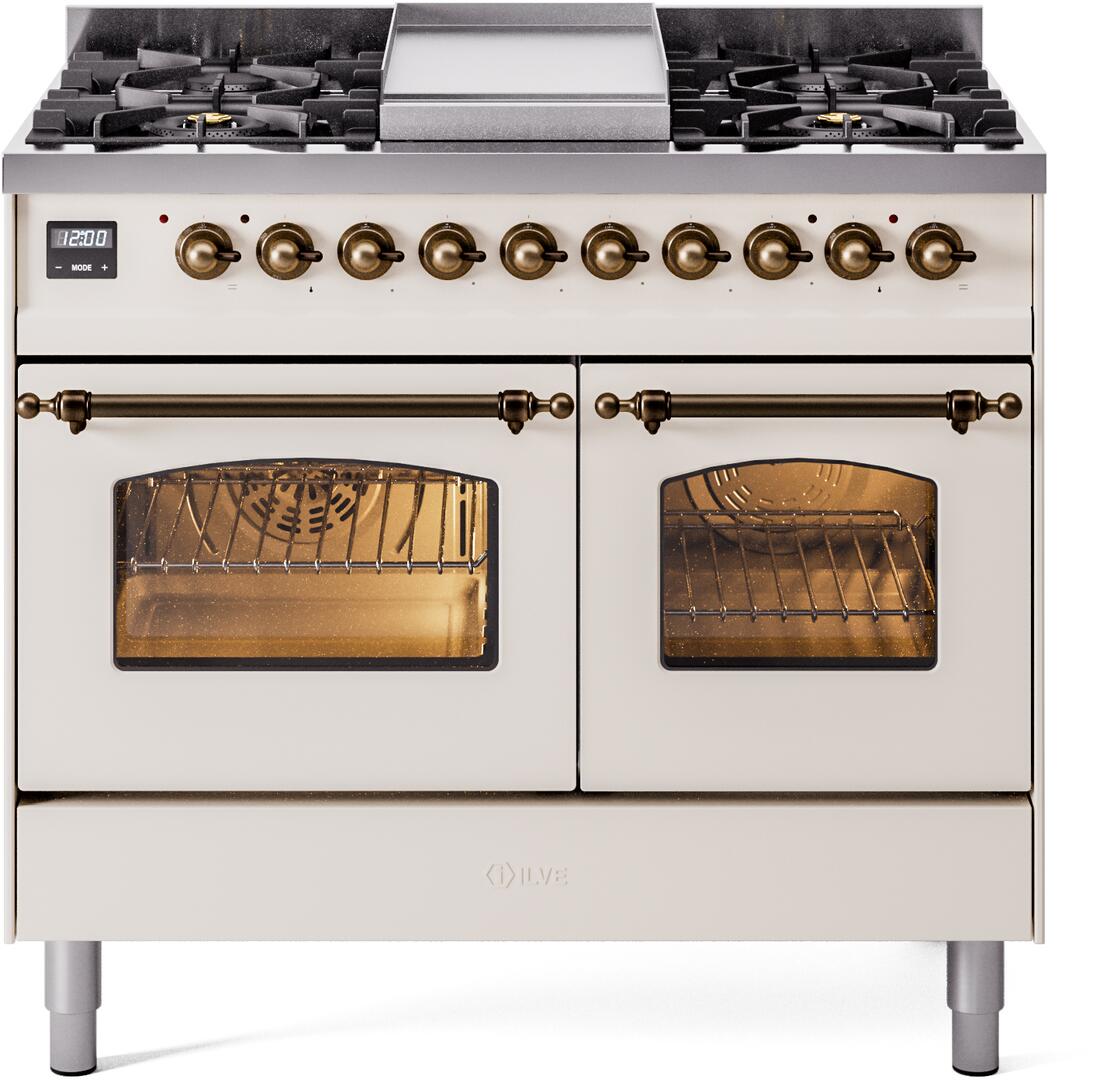ILVE Nostalgie II 40-Inch Dual Fuel Freestanding Range in Antique White with Bronze Trim (UPD40FNMPAWBLP)
