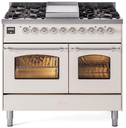 ILVE Nostalgie II 40-Inch Freestanding Natural Gas Dual Fuel Range in Antique White with Chrome Trim (UPD40FNMPAWC)
