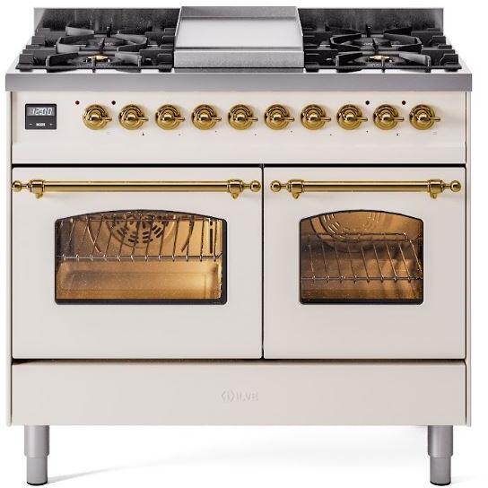 ILVE Nostalgie II 40-Inch Dual Fuel Freestanding Range in Antique White with Brass Trim (UPD40FNMPAWGLP)