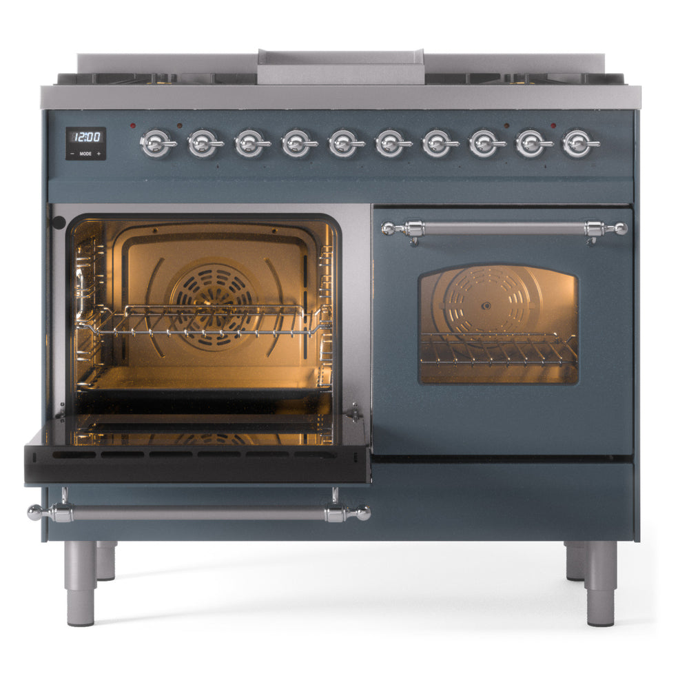 ILVE Nostalgie II 40-Inch Dual Fuel Freestanding Range in Blue Grey with Chrome Trim (UPD40FNMPBGCLP)