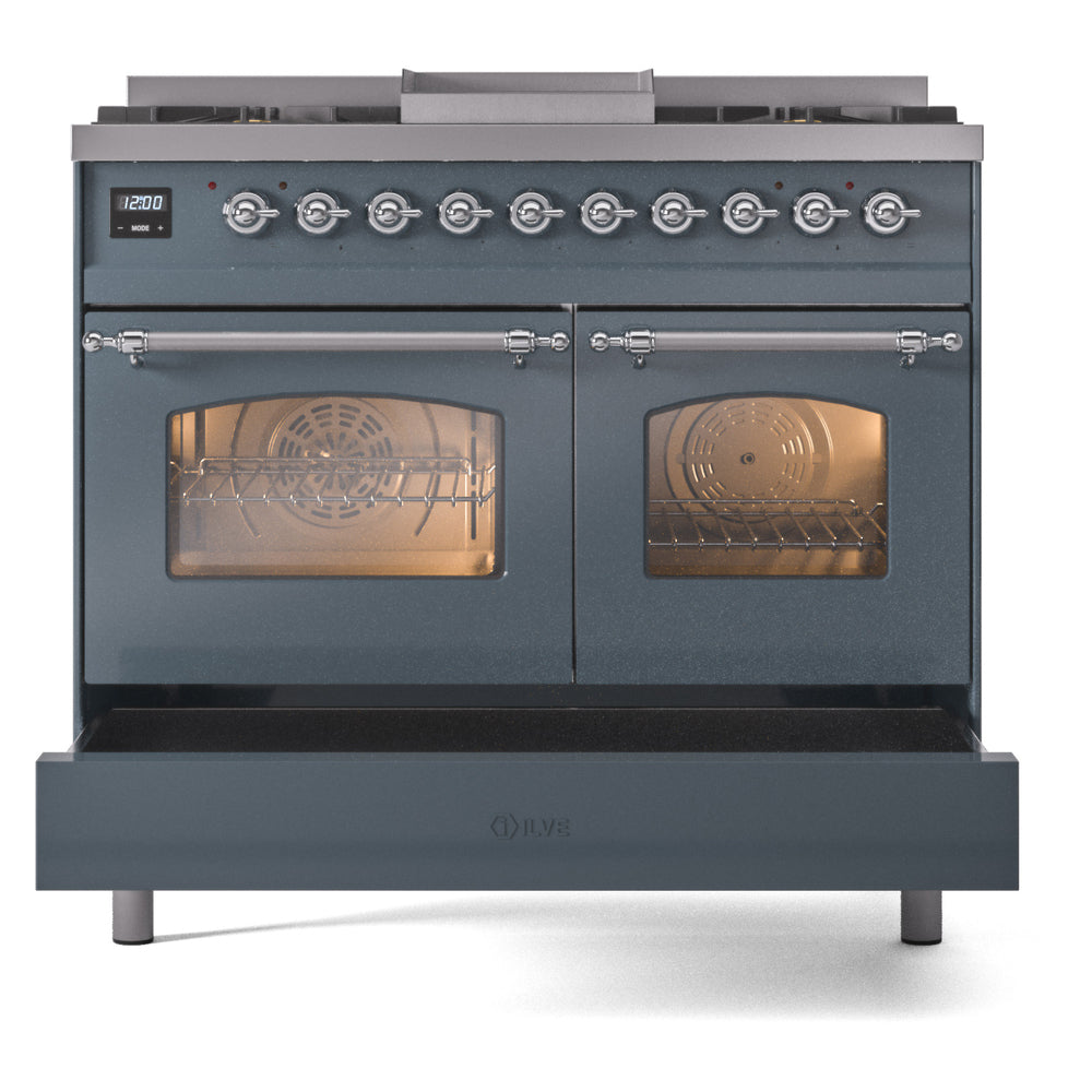ILVE Nostalgie II 40-Inch Dual Fuel Freestanding Range in Blue Grey with Chrome Trim (UPD40FNMPBGCLP)