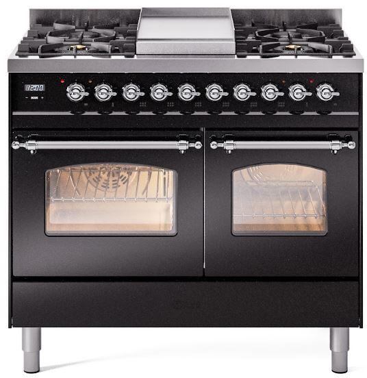 ILVE Nostalgie II 40-Inch Freestanding Natural Gas Dual Fuel Range in Glossy Black with Chrome Trim (UPD40FNMPBKC)