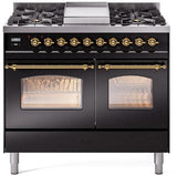 ILVE Nostalgie II 40-Inch Dual Fuel Freestanding Range in Glossy Black with Brass Trim (UPD40FNMPBKGLP)