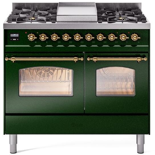 ILVE Nostalgie II 40-Inch Dual Fuel Freestanding Range in Emerald Green with Brass Trim (UPD40FNMPEGGLP)