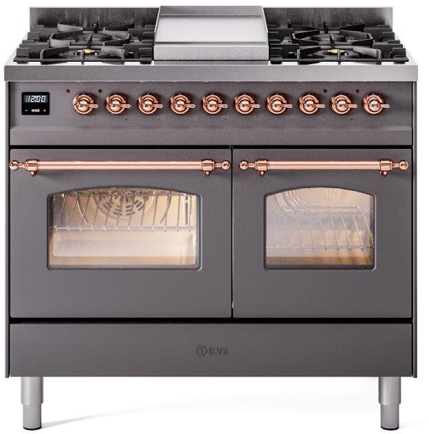 ILVE Nostalgie II 40-Inch Dual Fuel Freestanding Range in Matte Graphite with Copper Trim (UPD40FNMPMGPLP)