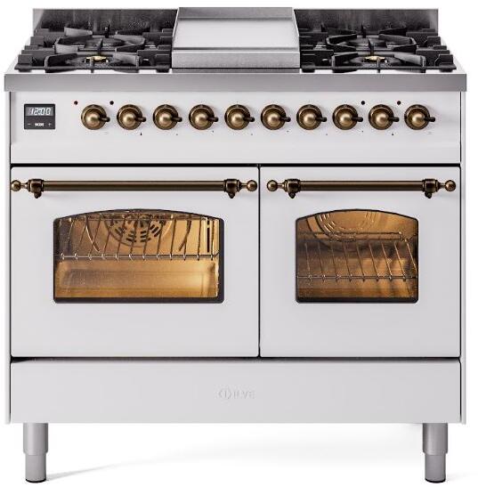 ILVE Nostalgie II 40-Inch Dual Fuel Freestanding Range in White with Bronze Trim (UPD40FNMPWHBLP)